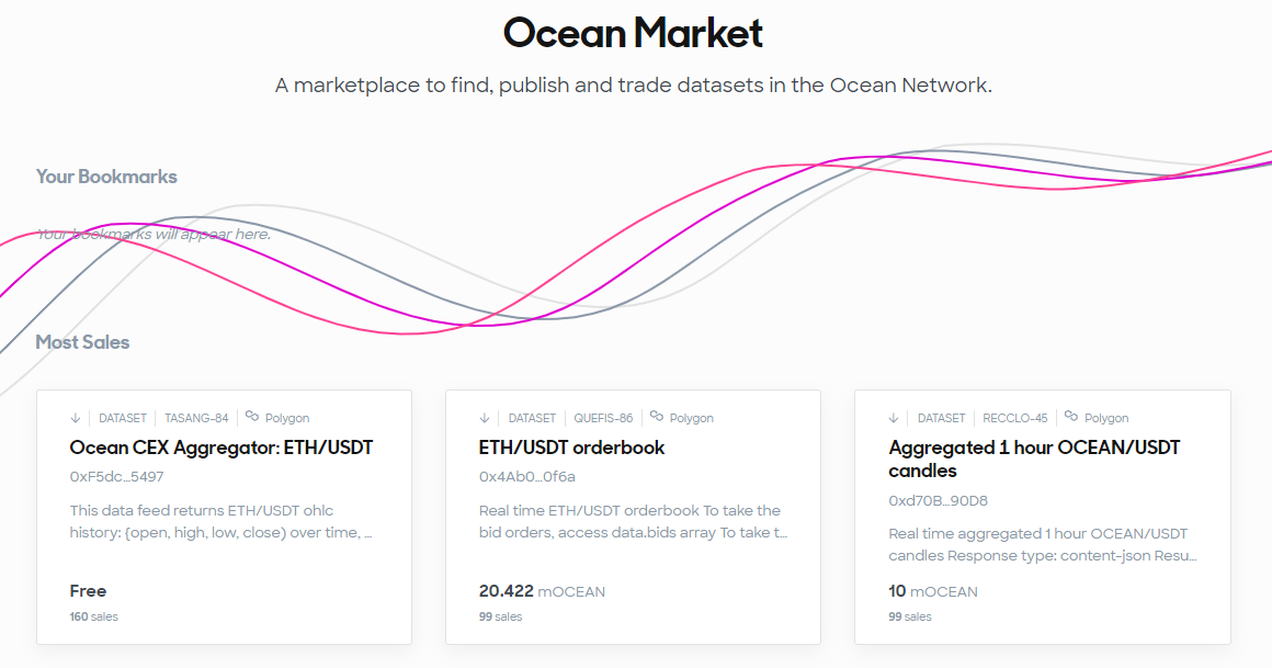 Ocean Market home page, "A marketplace to find, publish and trade datasets in the Ocean Network", listing its best-selling datasets: an ETH/USDT CEX aggregator, an ETH/USDT order book and aggregated hourly OCEAN/USDT candles