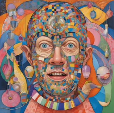 AI-generated portrait of a wide-eyed man whose face and head are covered in a colorful mosaic of small squares, set against a busy, painterly background of curves and hanging ornaments